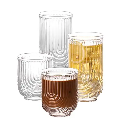 Produktbild: POLIDREAM Geriffelte Gläser Set 4 teilig, 400ml Longdrinkglas & 350ml Glas, Bubble Eiskaffee Gläser, Trinkgläser Set für Cocktails umd Whisky