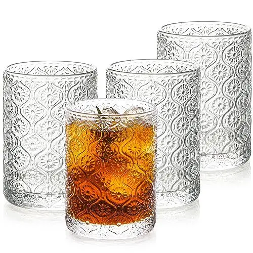 Produktbild: POLIDREAM Whisky Gläser Set 4er, 325ml Old Fashioned Tumbler Glas, Facetten-Schliff Kaffee Gläser Geprägte Trinkgläser für Cocktails Whisky Bier