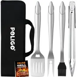 Produktbild: POLIGO 5PCS Hochwertiges Grillbesteck Set Extra dick Edelstahl mit Tragetasche, Grillzange, Grillwender, Fleischgabel und Backpinsel, Perfektes für Männer am Geburtstag, Vatertag, Weihnachten