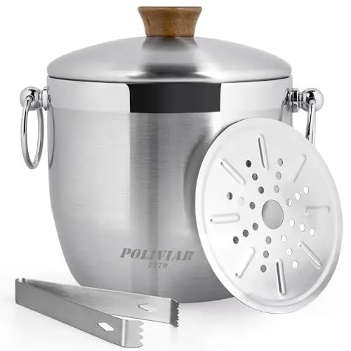 Produktbild: Poliviar 2,5L Edelstahl Eiswürfelbehälter- Eiskübel mit Deckel Zange und Abtropfsieb- Eisbehälter Doppelwandig Eiskübel für Eiswürfel- Party Eiskühler Perfekt für Bier Sekt Wein