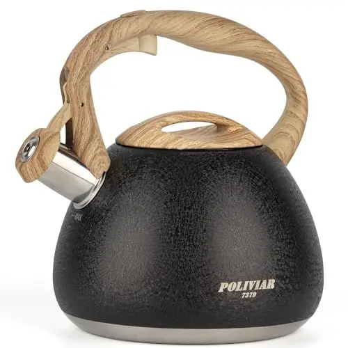 Produktbild: Poliviar Wasserkessel Induktion -2.5 L Teekessel Induktion Moderne -Flötenkessel mit Holzmasergriff, Pfeifkessel aus Edelstahl- Wasserkessel für Induktion und Gasherd