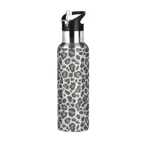 Produktbild: Polka Dot Leopardenmuster Trinkflasche Wasserflasche mit Strohhalm, Thermosflasche Vakuumisolierte aus Edelstahl 18/8, BPA-frei für Kinder Sport Wandern Schule (600ml/1L)