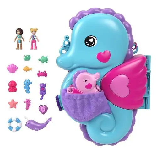 Produktbild: Polly Pocket-Puppen und Spielset mit Tieren und 13 Zubehörteilen, 2-in-1 Daddy and Me Seepferdchenschatulle, tragbare Tasche und Tierspielzeug, mit Shani, HWP03