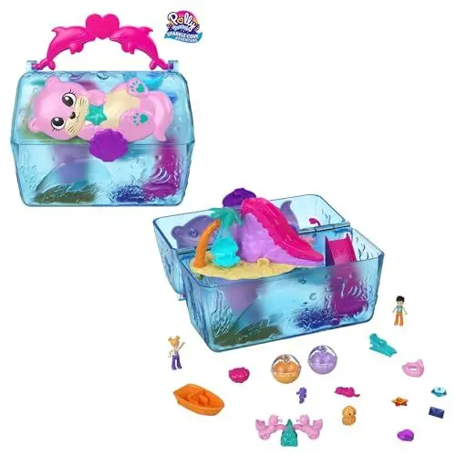 Produktbild: Polly Pocket Glitzerbucht Abenteuer Insel Schatztruhe - Spielset mit 2 Puppen, löslichen Perlen und Zubehör, inklusive Muschelschaukel und Wasserattraktionen, für Kinder ab 4 Jahren, HPV40