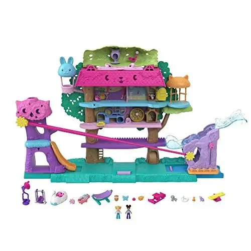 Produktbild: Polly Pocket HHJ06 - Pollyville Tierparty Baumhaus Spielset mit 2 Figuren und Zubehör, Spielzeug für Kinder ab 4 Jahren