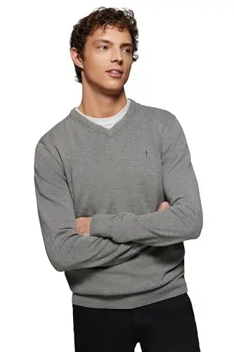 Produktbild: Polo Club Herren Basic Mit V-Ausschnitt Pullover Gräu - 100% Baumwolle Pullover Langarm Sweat