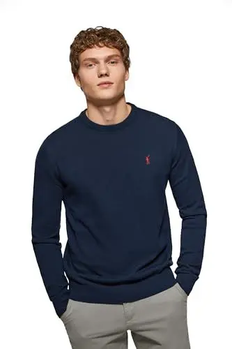 Produktbild: Polo Club Herren Basic Strickpullover Crewneck Navy Blau - Pullover 100% Baumwolle Langarm Sweat