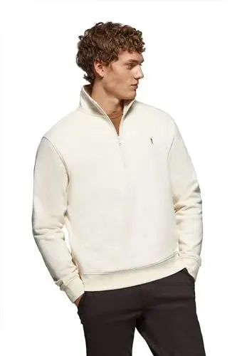 Produktbild: Polo Club Herren Sweatshirt Beige ohne Kapuze und Reißverschluss - Pullover mit Half Zip - Sweatjacke 100% Baumwolle mit Reissverschluss - Gesticktem Logo