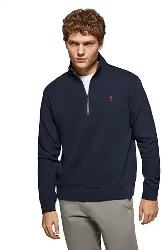 Produktbild: Polo Club Herren Sweatshirt Blau Navy ohne Kapuze und Reißverschluss - Pullover mit Half Zip - Sweatjacke 100% Baumwolle mit Reissverschluss - Gesticktem Logo