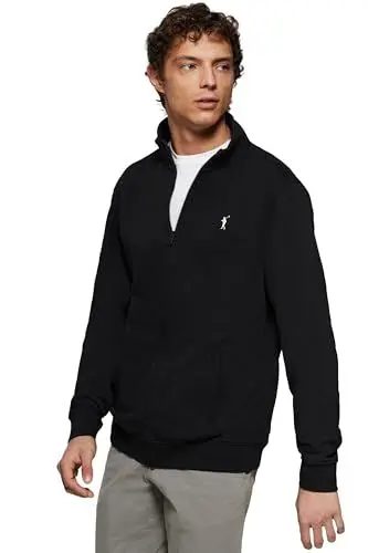 Produktbild: Polo Club Herren Sweatshirt Schwarz mit Reißverschluss - 100% Baumwolle - Gesticktem Logo - Pullover Ohne Kapuze Reissverschluss