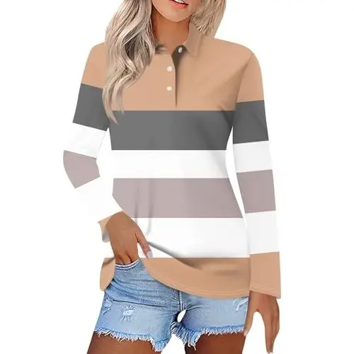 Produktbild: Polo Shirt Damen Polohemd Damen Bluse Baumwolle Damen Polo Damen Polo Shirt Damen Poloshirt Langarm Damen 3/4 Arm Shirt Damen Schwarz T Shirt Damen Weiß Poloshirt Damen Langarm Beige L