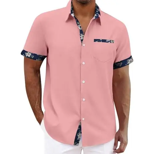 Produktbild: Hawaiihemd Herrenmode 2024 Sommer Hawaiihemd Herren Kurzarm Lässige Knopfleiste Baumwolle Hawaiianischer Druck Rosa XL