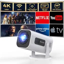 Produktbild: Polocsh Beamer, Mini Beamer 4k Heimkino mit Android 11.0, WLAN6 und BT5.2, 1080P Full HD Mini Projektor mit Auto Keystone, 150″ Display Portable Mini Beamer mit 180° Drehung mit HDMI/USB/AV, Weiß