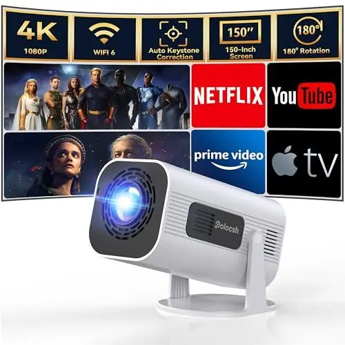 Produktbild: Polocsh Beamer, Mini Beamer 4k Heimkino mit Android 11.0, WLAN6 und BT5.2, 1080P Full HD Mini Projektor mit Auto Keystone, 150″ Display Portable Mini Beamer mit 180° Drehung mit HDMI/USB/AV, Weiß
