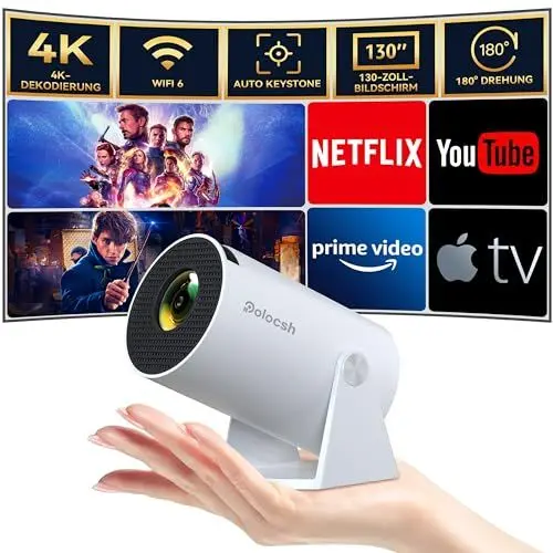Produktbild: Polocsh Beamer, Mini Beamer mit WiFi6 und BT 5.2, Projektor Full HD 720P, Automatische Trapezkorrektur, 180-Grad-Winkel, 130-Zoll Projector mit Android OS 11.0 für Phone/PC/PS5/Xbox, Weiß