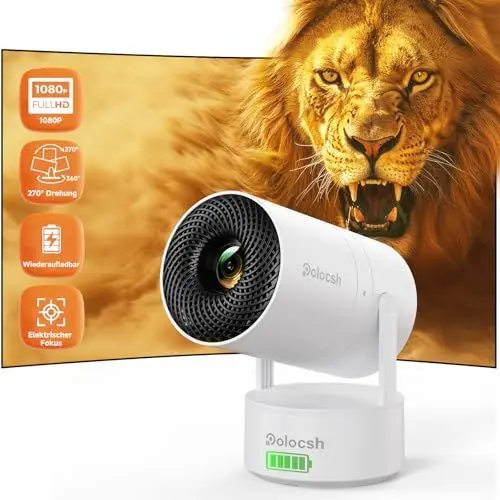 Produktbild: Polocsh Mini Beamer mit Akku, Beamer mit Android 11.0, Electric Fokus Projektor Integriert WLAN6 und BT5.3, Portable Beamer mit 150-Zoll Bild und 270° Drehung, 1080P Mini Beamer 4K Support mit HDMI