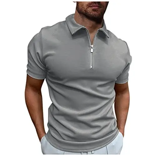 Produktbild: Poloshirt Herren Poloshirt Herren Pink Poloshirt Herren Pink Trachten Poloshirt Herren Poloshirts Herren Kurzarm Reissverschluss Golfshirt Poloshirt mit Zipper Poloshirt Grau M
