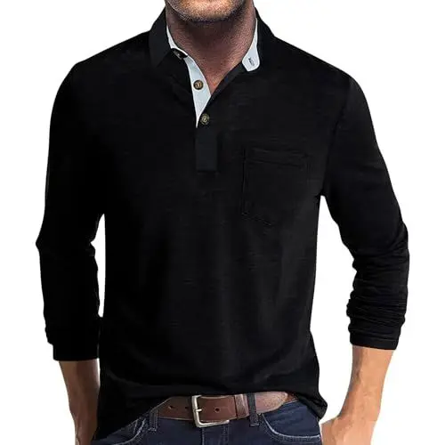 Produktbild: Polohemd Herren Langarm Rugby Shirt Mit Brusttasche - Arbeits Poloshirt Longsleeve Schwarz Sommer XL