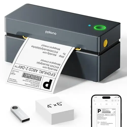 Produktbild: POLONO Bluetooth Etikettendrucker, Etikettiergerät 4x6 DHL labeldrucker, Ettikettendrucķer Label Printer für iOS, Android, Windows und Mac, Kompatibel mit Amazon, Ebay, Shopify, Etsy, USPS (Grau)