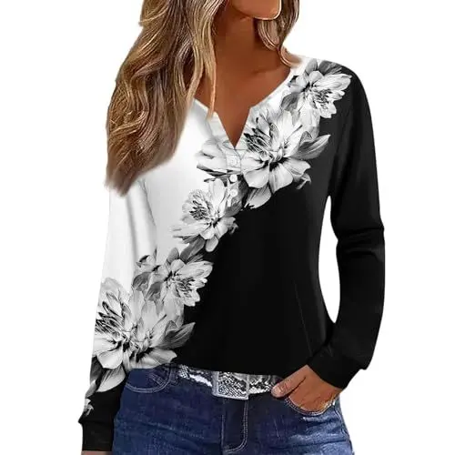 Produktbild: Poloshirt Damen Langarm,Langarm Damen Tshirt Sommer Pullover Blusen Leichte Basic Tops Casual Oberteile Henley V-Ausschnitt Knopfleiste Shirt