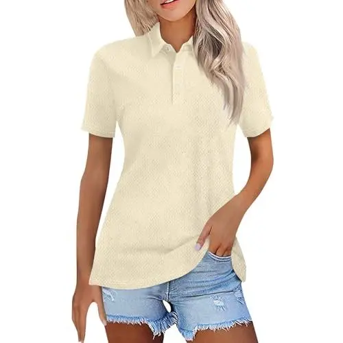 Produktbild: Poloshirt Damen Polo Shirt Für Frauen Button Up Kragen Kurzarm-Shirt V Hals Solide Farbe Tops Premium Polo Classic Cotton T Shirts Beige M