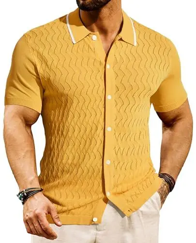 Produktbild: Poloshirt Herren Elegant Knit Polo Retro Shirts Golf Poloshirt Button Down Gelb S