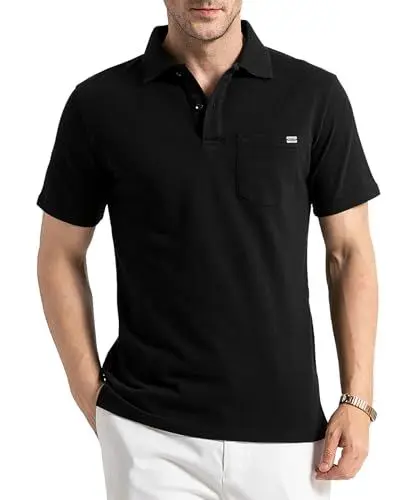 Produktbild: Poloshirt Herren Kurzarm 100% Baumwolle Polo Shirt Golf Polohemd mit Brusttasche Schwarz XXL
