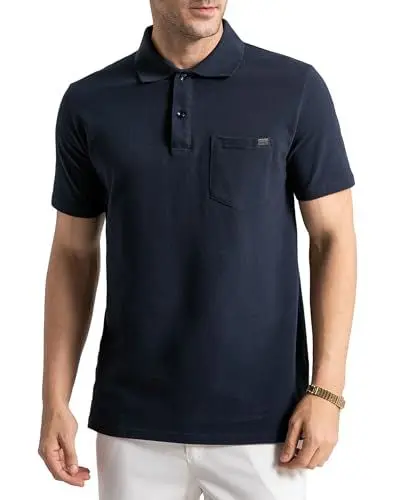 Produktbild: Poloshirt Herren Kurzarm 100% Baumwolle Polo Shirt Golf Polohemd mit Brusttasche Marineblau L