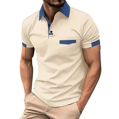 Produktbild: Poloshirt Herren Kurzarm Kontrastfarbe T Shirts mit Tasche Polo Klassisches Sommer t-Shirt 5XL Beige L