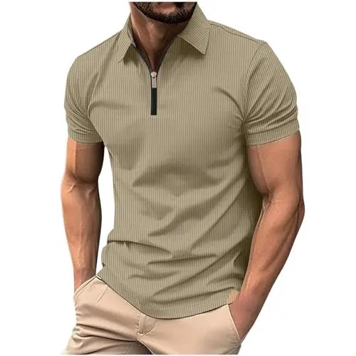 Produktbild: Poloshirt Herren Kurzarm Tshirt Sommer Shirts Einfarbig Polo Shirt mit Reißverschluss Basic Tshirts Unbedruckt Polohemd Zipper Sommershirts Slim Fit Oberteile Sale Angebote Khaki XXL