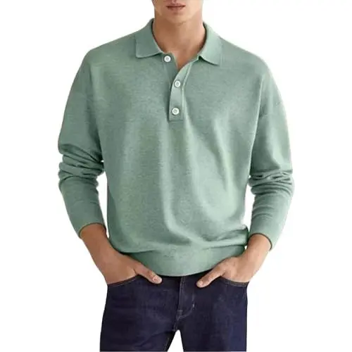 Produktbild: Poloshirt Herren Langarm Baumwolle T Shirts für Männer Casual Slim Fit Golf Tennis Sports Polohemd Poloshirt Mit Reißverschluss Army Shirt Herren Langarm Basic Longsleeve V-Neck T-Shirt