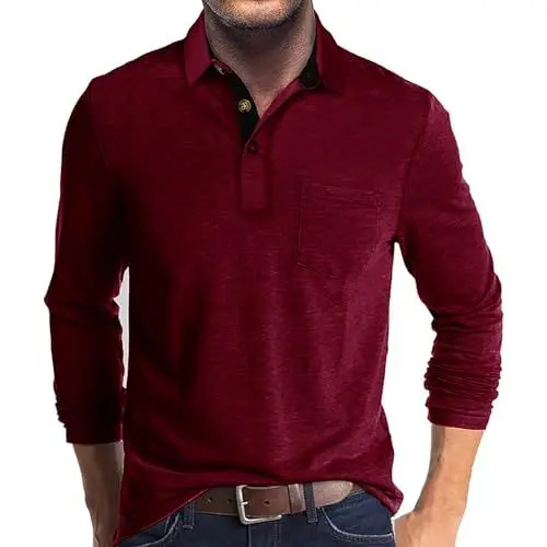 Produktbild: Poloshirt Herren Langarm Poloshirt Herren Langarm T Shirts mit Tasche Polo Klassisches XXL 01-Weinrot