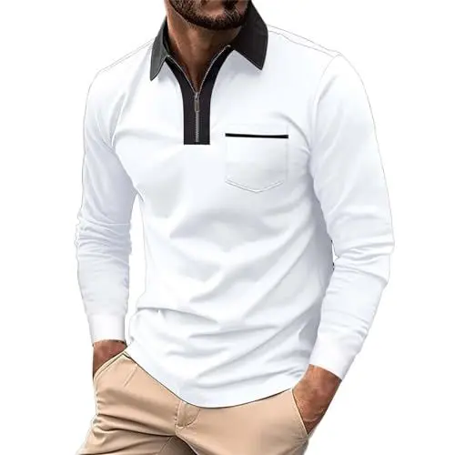 Produktbild: Poloshirt Herren Langarm Shirt Basic Langarmshirt mit Knopfleiste Mode Longsleeve Polohemd Lässig Leichte Sommershirt Basic Einfarbig Poloshirt Sportshirt Gym Running Top (White, XL)