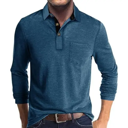 Produktbild: Poloshirt Herren Schwarz Herren Polohemd Langarm Polohemden Poloshirt Herren Langarm mit Brusttasche Golfbekleidung Herren Poloshirts Herren Langarm Business Tshirt Herren Blau L