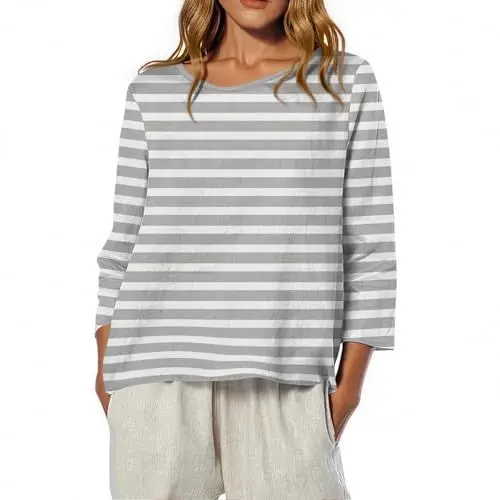 Produktbild: Poloshirt T-Shirts für Damen Elegante Crop 3/4 Ärmel Blusen Frühlingse Strand Rundhals mit Streifen Top Damen Elfenbein S