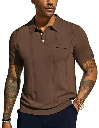 Produktbild: Poloshirt für Herren mit Rverskragen Kurzarm Sommer Textur Golf Shirts Retro 1960s Strick Poloshirt L Espresso 614S24-3