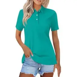 Produktbild: Golf Poloshirt Damen Damen Poloshirts Kurzarm Polohemd Schnelltrocknend Golf Tennis Shirts Leicht Sport T-Shirts Sommer Tops Atmungsaktiv Fitness Laufshirts mit 1/4 Knopfleiste L 01-Türkis
