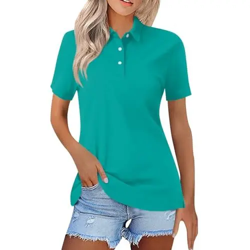 Produktbild: Golf Poloshirt Damen Damen Poloshirts Kurzarm Polohemd Schnelltrocknend Golf Tennis Shirts Leicht Sport T-Shirts Sommer Tops Atmungsaktiv Fitness Laufshirts mit 1/4 Knopfleiste L 01-Türkis