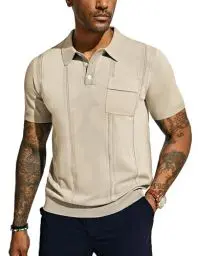 Produktbild: Poloshirts Herren Tshirts Retro mit Rverskragen Knit Polo Golf Polo Golf-Shirt Kurzarm Strick Polo XL Aprikose 614S24-4
