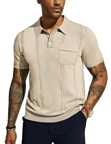 Produktbild: Poloshirts Herren Tshirts Retro mit Rverskragen Knit Polo Golf Polo Golf-Shirt Kurzarm Strick Polo XL Aprikose 614S24-4