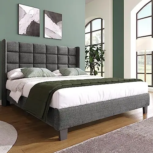 Produktbild: Polsterbetten 140x200 mit Lattenrost Rückenlehne，Hautfreundliche Leinenmaterial, Grau, Bett Einzelbett Jugendbett(Ohne Matratze)
