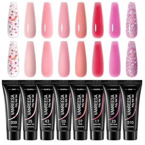 Produktbild: Poly Nagelgel Set, VANREESA 8 Farben Poly Nail Gel Starter Set Pink Nude Red Glitter Poly Nail Extension Gel Geschenk für Frauen