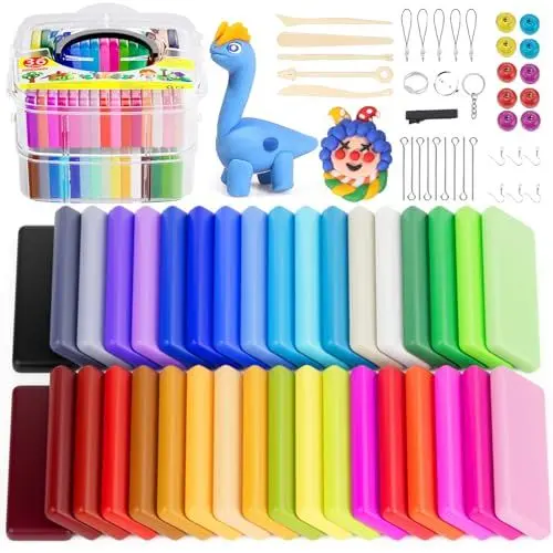 Produktbild: iFergoo Polymer Clay 36 Farben Knete Soft Set, Nontoxic DIY Oven Bake Modellierung Ton Kit mit 5 Modellierwerkzeug und Schmuckzubehör Set, Kinder Kunsthandwerk Geschenk ​für Jungen und Mädche Kids