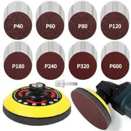 Produktbild: Pomsare Schleifscheiben-Set 125mm Klett für Winkelschleifer - 80 Stück Schleifpapier mit M14 Schleifteller und Schaft - Winkelschleifer Zubehör für Holz und Metall - Verbesserte Version