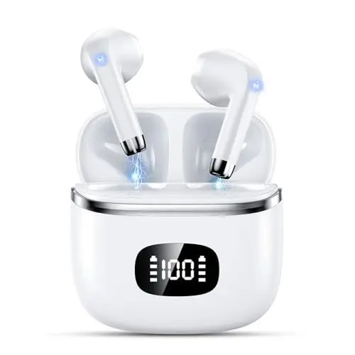 Produktbild: POMUIC Kabellose Bluetooth-Kopfhörer, Bluetooth 5.3 mit ENC Reduzierung, 40 Stunden Spielzeit mit LED-Display, Hi-Fi Stereo-Sound, IP7 wasserdicht, Touch-Steuerung, Weiß