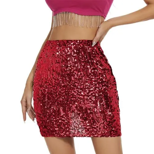Produktbild: PONCEAU Pailettenrock Für Damen Glitzer Rock Kurz Damen Sexy Midi Skirt Hüftrock mit Elastische Taille Party Rave Outfit Karneval Weihnachten