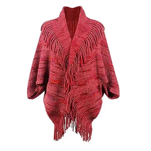 Produktbild: Poncho Pullover Damen mit Ärmel Strickjacke Damen Winter Warm Kuschelponcho Frauen Elegant Feinstrick Strickjacken Fransen Warme Grobstrickjacke Asymmetrisch Strick Cardigan Gestrickt