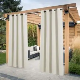 Produktbild: PONY DANCE Balkon Vorhang Sonnenschutz & Sichtschutz Terrasse/Pavillon Vorhänge 2er Set Outdoor Gardinen Wasserdicht Outdoorvorhang Wetterfest mit Ösen, H 213 x B 132 cm, Hellbeige
