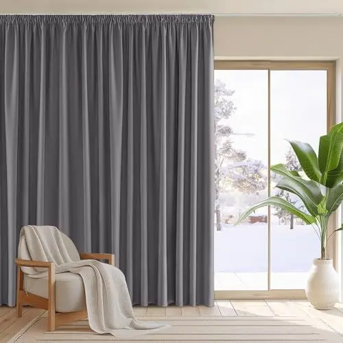 Produktbild: PONY DANCE Wohnzimmer Vorhang mit Kräuselband für Schiene 1er Set H 220 x B 300 cm Verdunkelungsvorhang Thermogardine Hitzeschutz Extra Breie Gardinen Grau Blickdicht Thermal Curtain