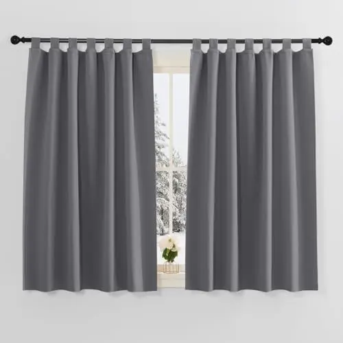 Produktbild: PONY DANCE Gardinen Kurz Schlaufenschal 2er Set - Küchen Vorhänge Kurz H 145 x B 140 cm Blickdichte Gardinen Grau Verdunklungsvorhänge Kinderzimmer Thermovorhang gegen Kälte